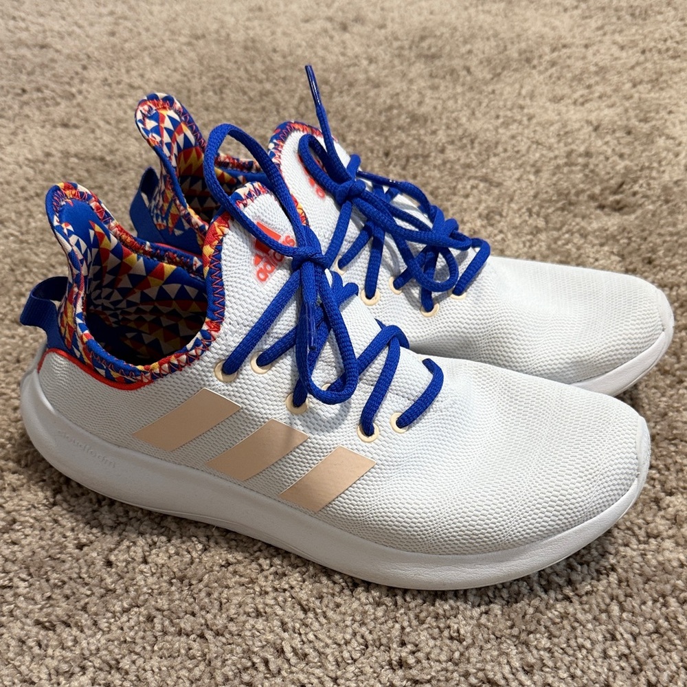 Adidas Kids White and Gold Sneakers with Blue Accents